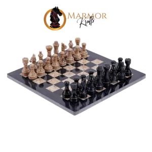 Black and Fossil Coral Handmade 12 Inches Premium Quality Marble Chess Set