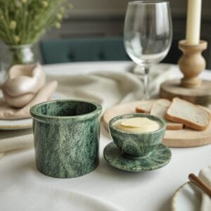 Natural Marble Butter Crock with Lid - Handmade Décor and Countertop 4" inches Butter Keeper for fresh Spreadable Butter - Forest Green